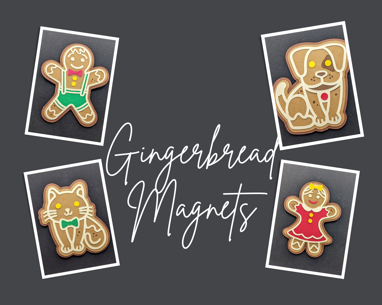 Sweet Magnet Set: 3-Inch Layered Cardstock Gingerbread Family Magnets - Gingerbread Man, Woman, Dog, and Cat