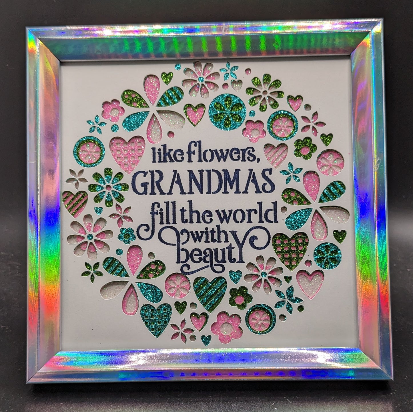 Radiant Beauty in a Frame: 4x4 Glittering Shadow Box with Layered Hearts and Flowers - Personalized Sentiment for Grandmas, Sisters, Daughters, Mothers, Teachers, Nurses, Friends