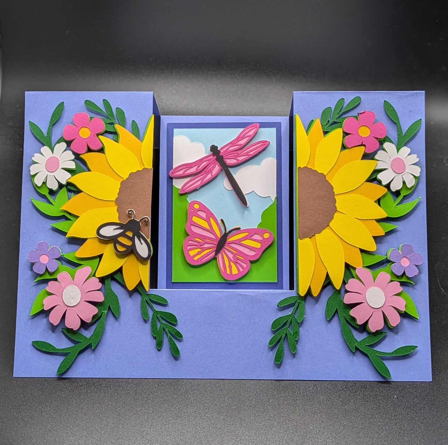 Handcrafted 5x7" Sunflower and Butterfly Stepper Fold Card