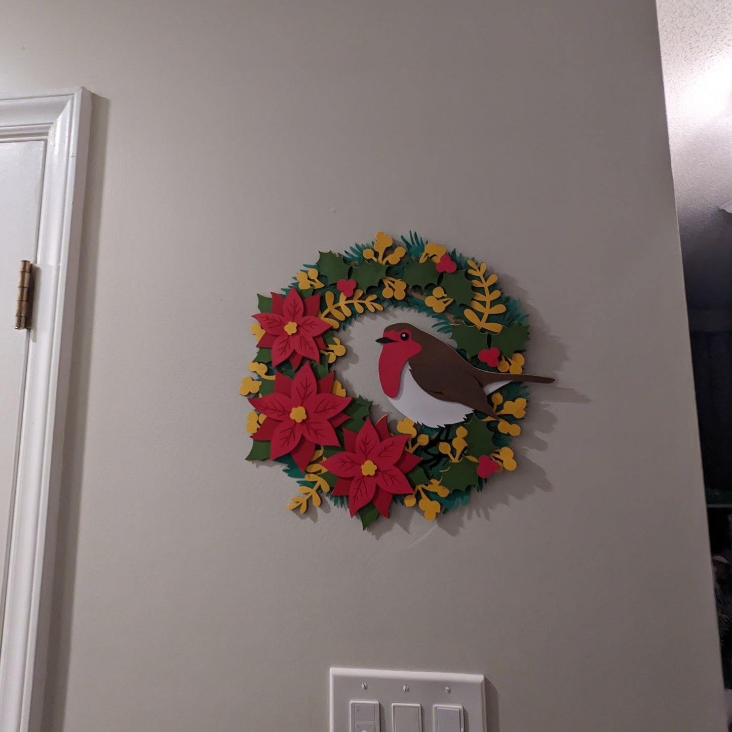 Holiday Elegance: 15-Inch Layered Cardstock Poinsettia Wreath with Festive Avian Accent