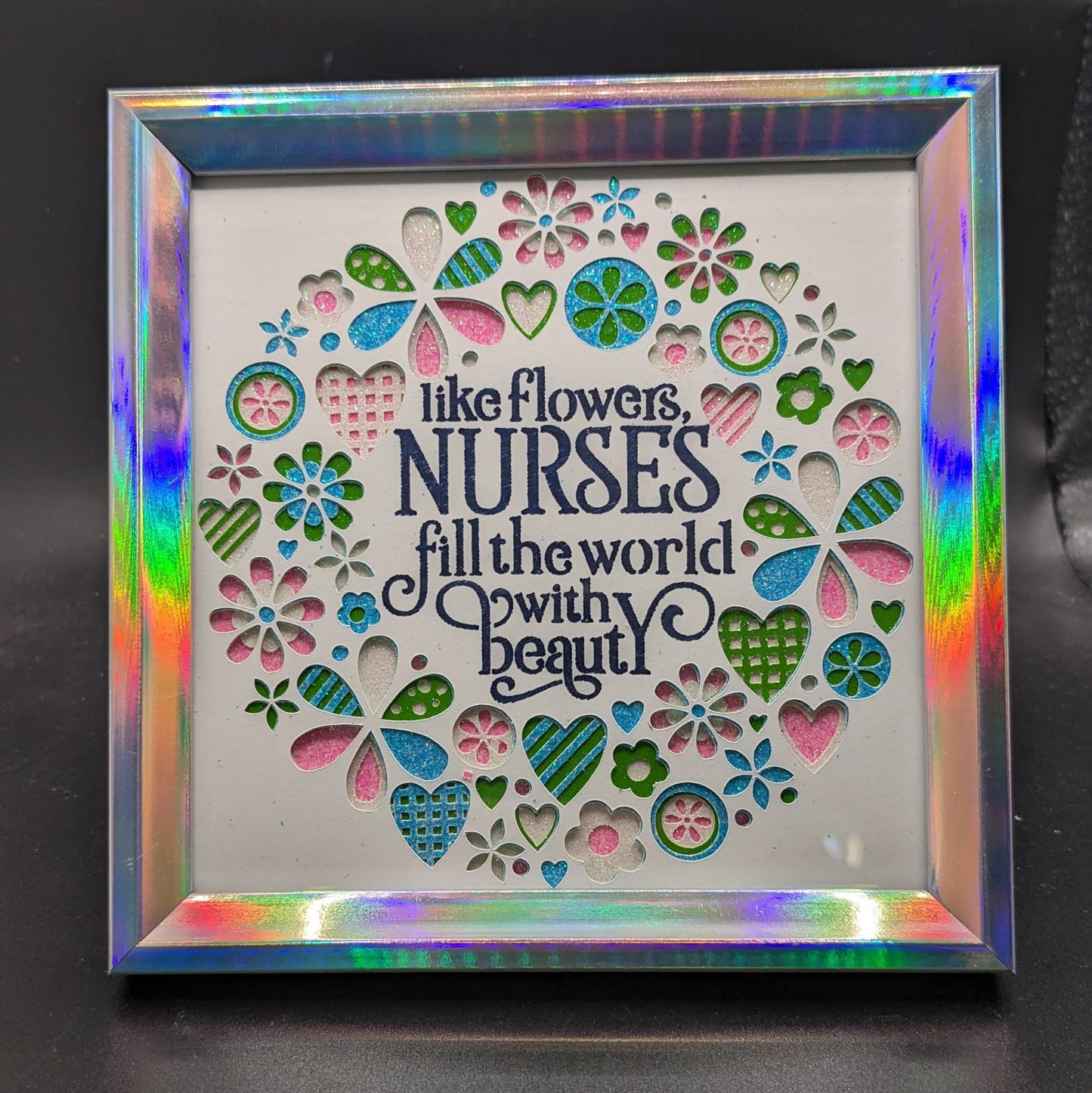 Radiant Beauty in a Frame: 4x4 Glittering Shadow Box with Layered Hearts and Flowers - Personalized Sentiment for Grandmas, Sisters, Daughters, Mothers, Teachers, Nurses, Friends