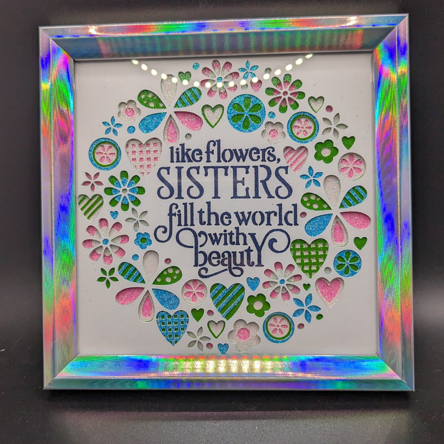 Radiant Beauty in a Frame: 4x4 Glittering Shadow Box with Layered Hearts and Flowers - Personalized Sentiment for Grandmas, Sisters, Daughters, Mothers, Teachers, Nurses, Friends