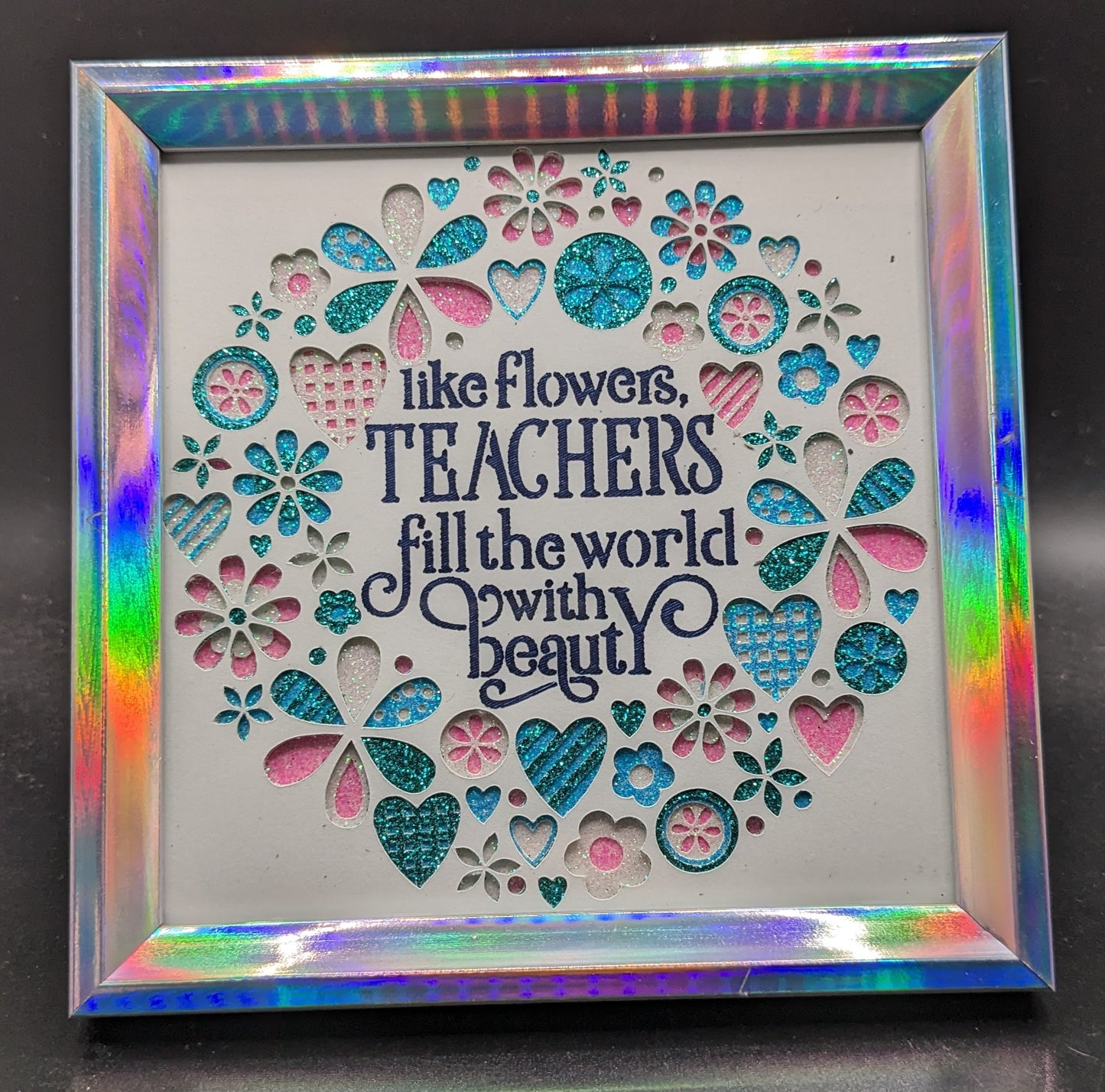 Radiant Beauty in a Frame: 4x4 Glittering Shadow Box with Layered Hearts and Flowers - Personalized Sentiment for Grandmas, Sisters, Daughters, Mothers, Teachers, Nurses, Friends