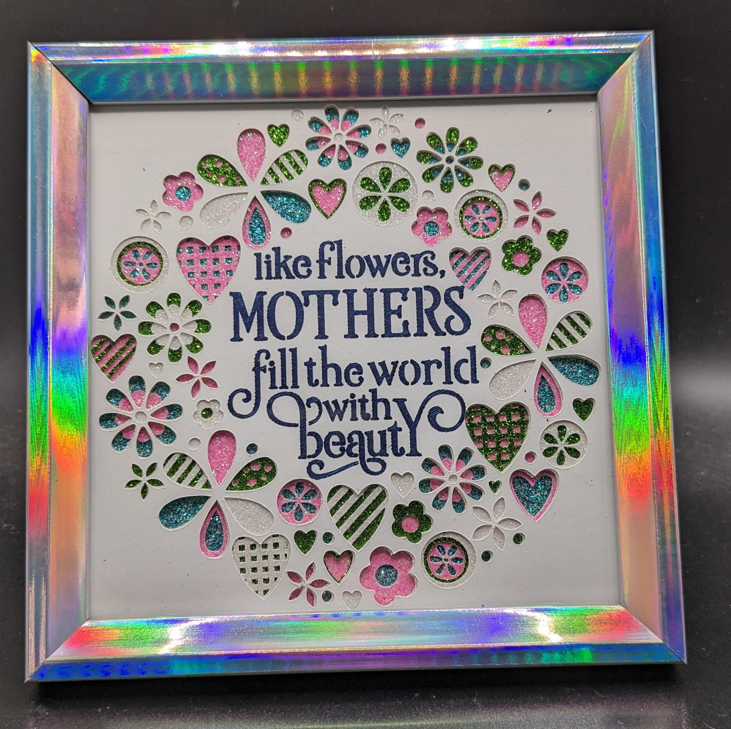 Radiant Beauty in a Frame: 4x4 Glittering Shadow Box with Layered Hearts and Flowers - Personalized Sentiment for Grandmas, Sisters, Daughters, Mothers, Teachers, Nurses, Friends