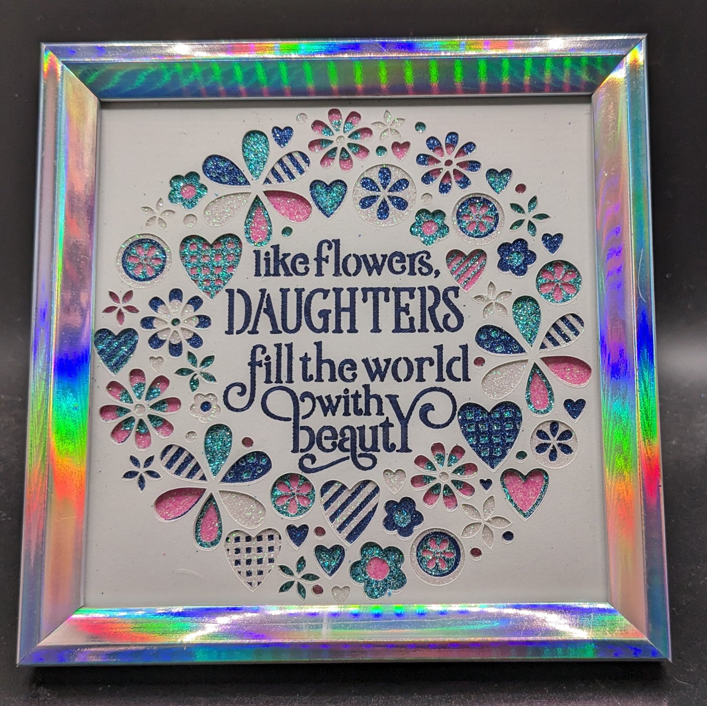 Radiant Beauty in a Frame: 4x4 Glittering Shadow Box with Layered Hearts and Flowers - Personalized Sentiment for Grandmas, Sisters, Daughters, Mothers, Teachers, Nurses, Friends